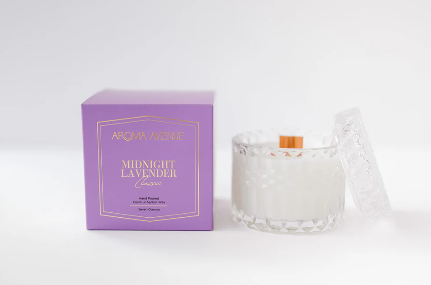 Aroma Avenue Midnight Lavender candle in a purple box with a glass jar and lid
