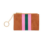 Brown suede coin purse with pink and green vertical stripes and gold keyring