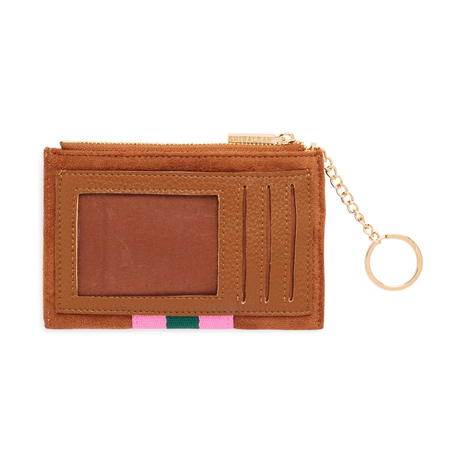 Brown suede card holder with ID window and gold keychain