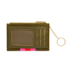 Olive green leather card holder with clear ID window and attached gold keyring chain