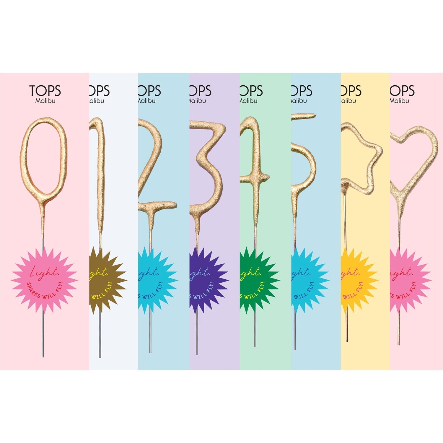 Gold glitter number and shape sparkler candles on colorful backgrounds