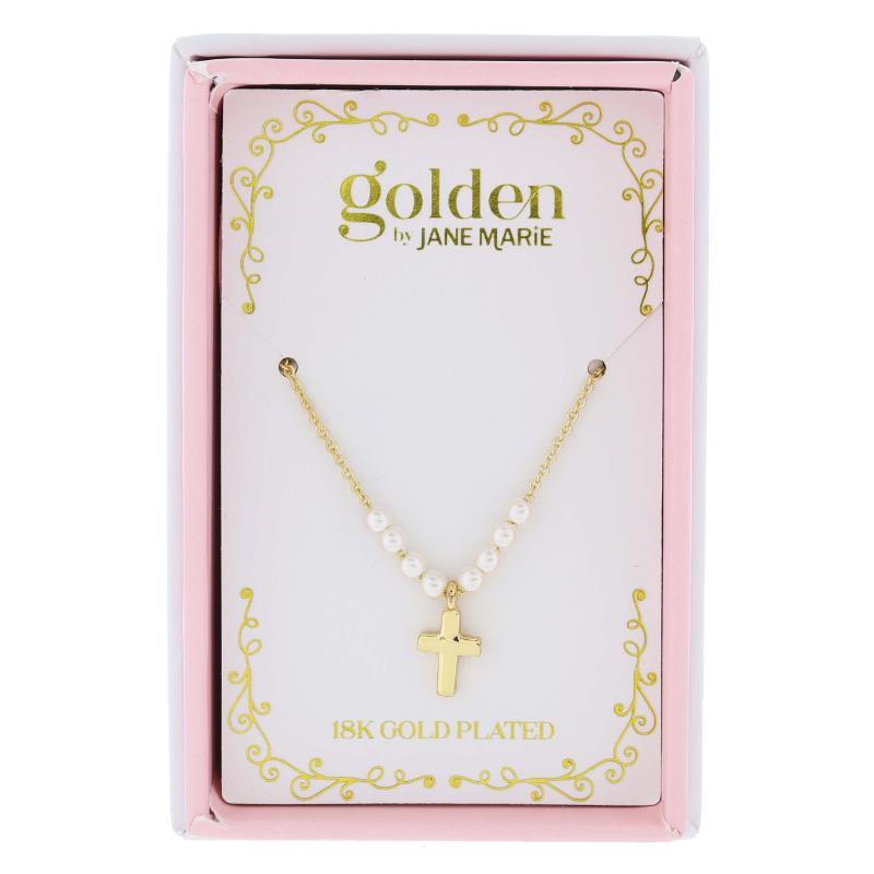 Jane Marie Golden brand 18K gold plated cross necklace with white pearls displayed in a decorative pink and white box with gold scrollwork