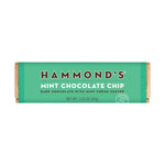 Hammond's Mint Chocolate Chip dark chocolate bar with mint crème center in a vibrant teal wrapper and gold foil ends