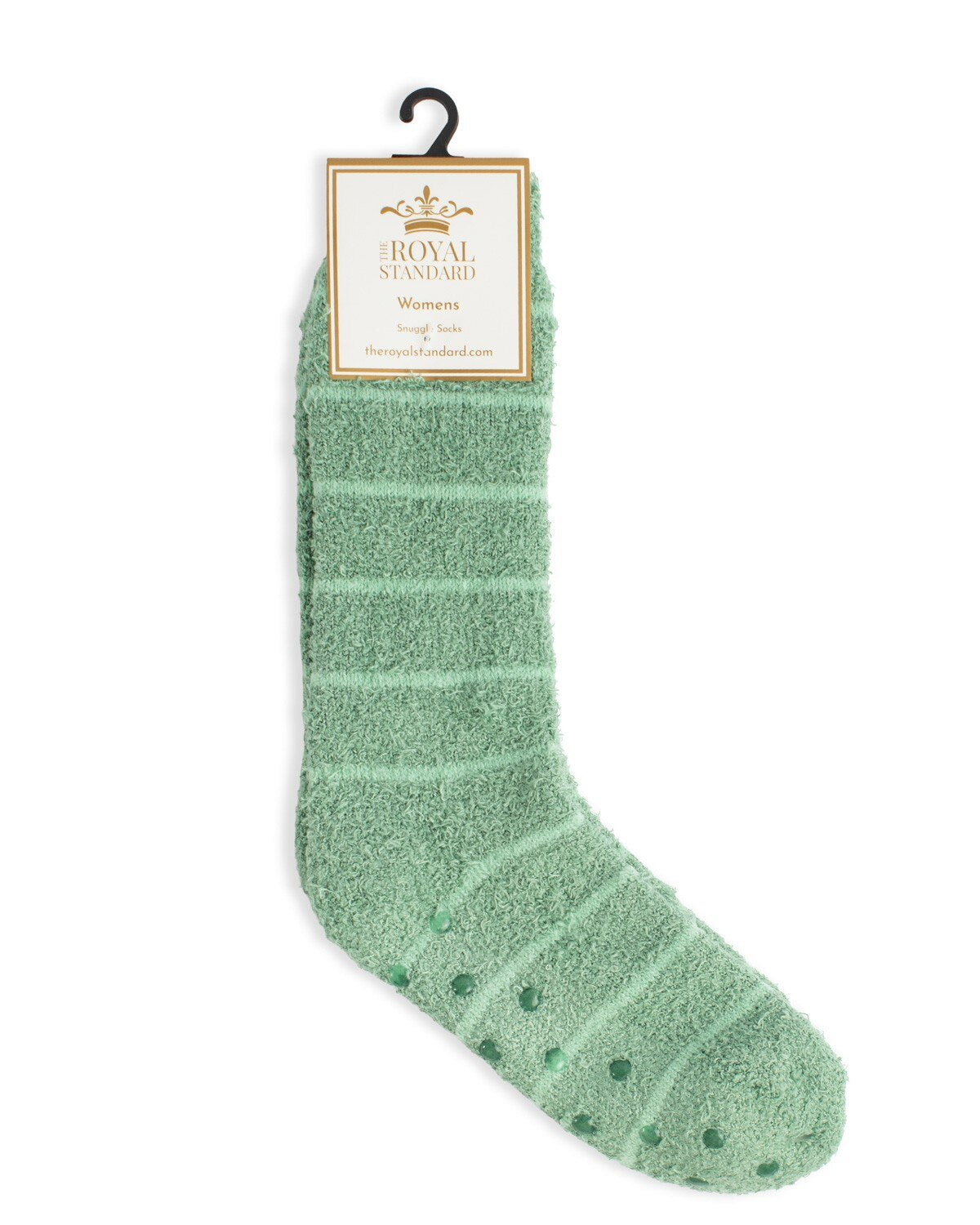 Knit textile by The Royal Standard featuring light green fuzzy Snuggle Socks for women with tonal horizontal stripes and non-slip traction dots against a white background
