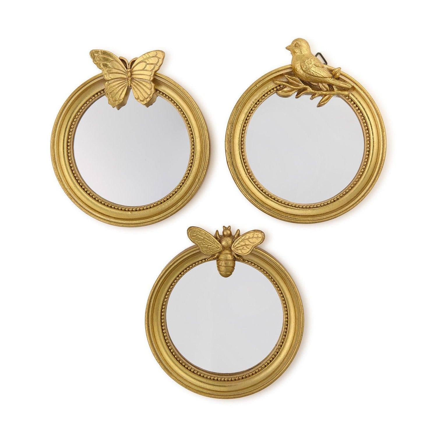 A set of three round gold-framed decorative mirrors, each adorned with a distinct golden butterfly, a bird on a branch, or a bee figure, with intricate beaded inner edges