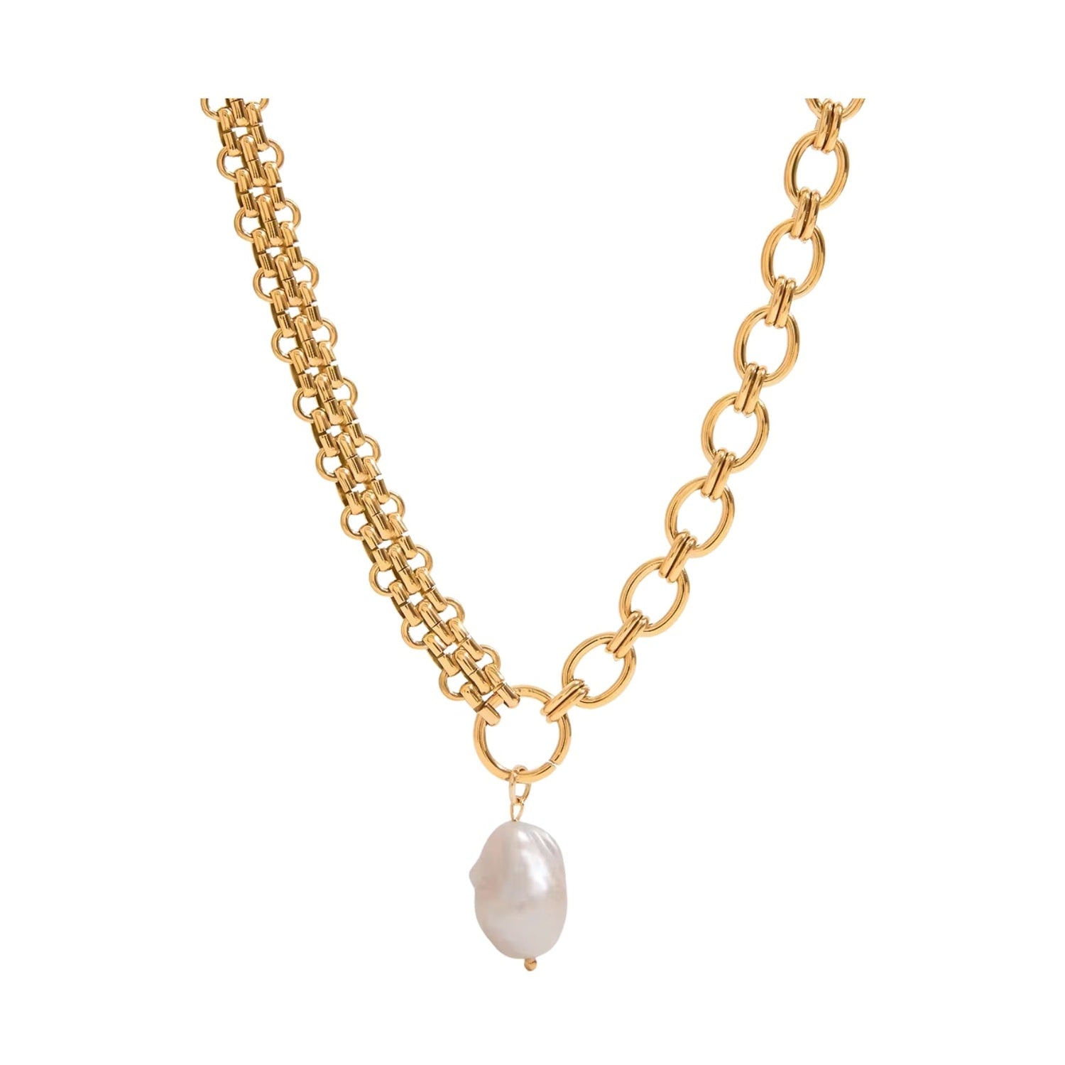 Product photo of a gold-tone necklace featuring one half as a dense flat chain and the other as a larger oval link chain, with a single iridescent baroque pearl pendant