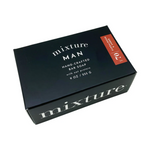 Mixture Man Hand-Crafted Bar Soap box on a white background featuring a sleek black design with white lettering a vibrant red No 70 label indicating Sandalwood & Amber scent and details like 9 OZ / 255 G with oat protein