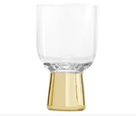 Hand-blown glass by Tom Dixon featuring a Tank Low Ball glass with a reflective hand-painted gold metallic base and a clear cylindrical body against a white background