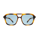 A pair of square aviator sunglasses featuring a mottled brown tortoiseshell frame, light blue lenses, and decorative gold stud pins at the temples