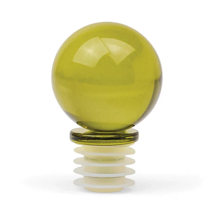 Olive green glass sphere wine stopper with a light beige ribbed silicone base