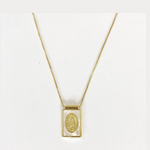 Gold necklace featuring a delicate box chain and a rectangular pendant with a gold frame, mother-of-pearl inlay, and an embossed medallion of Our Lady of Guadalupe
