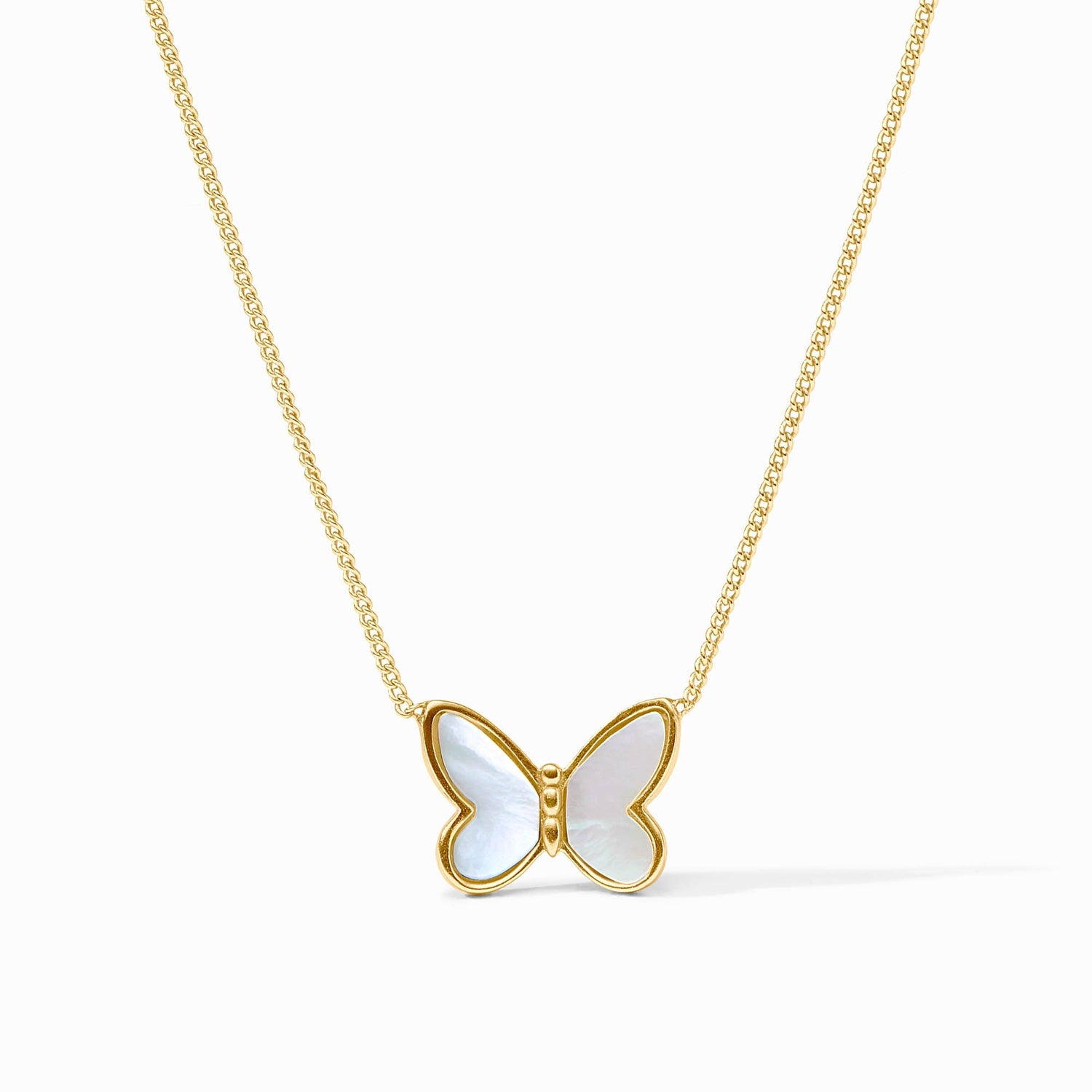 Gold chain necklace with a mother of pearl butterfly pendant