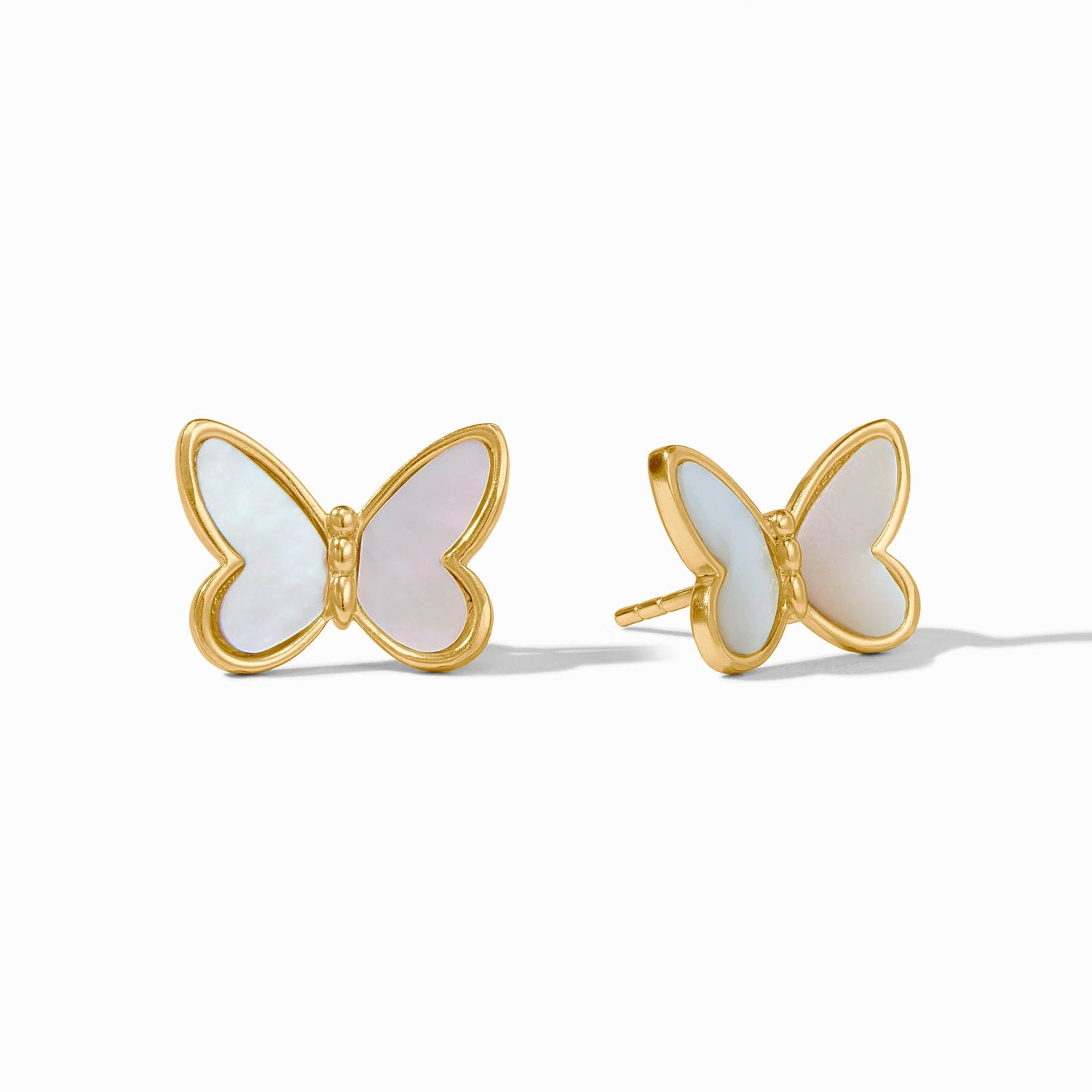 Gold butterfly stud earrings with mother of pearl inlay