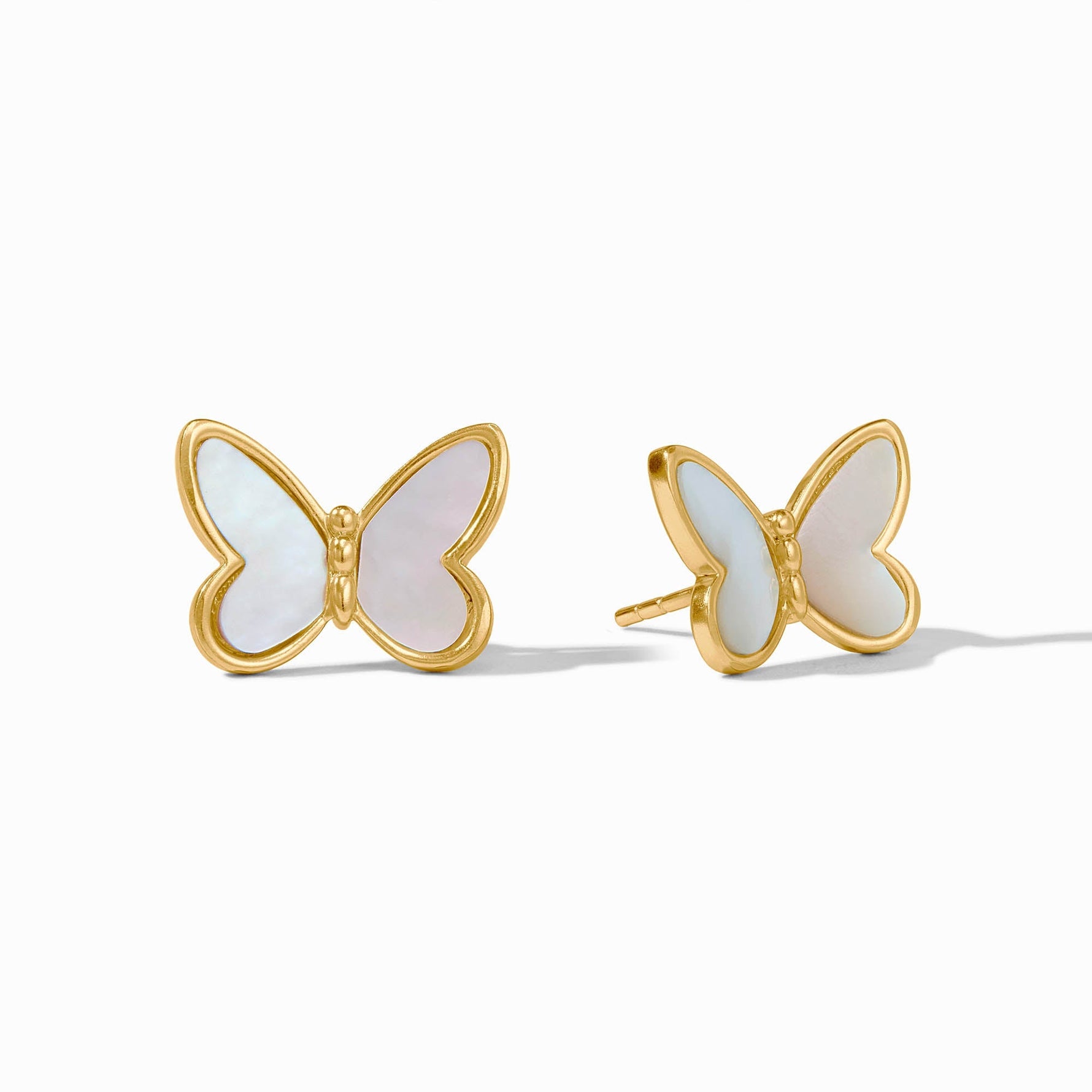 Gold butterfly stud earrings with mother of pearl inlay