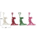 Four resin stylized animal figurines holding heart-shaped memo clips in white, red, green, and pink, each approximately 3.75 inches tall