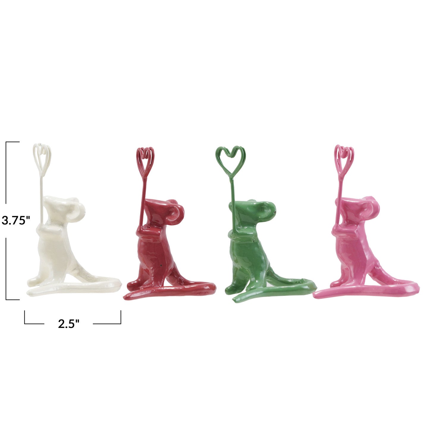Four resin stylized animal figurines holding heart-shaped memo clips in white, red, green, and pink, each approximately 3.75 inches tall