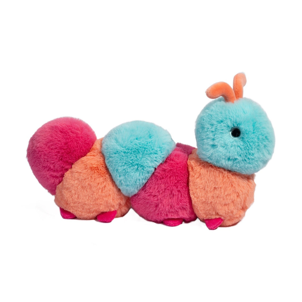 Photograph of a plush multi-segment caterpillar toy with bright pink, turquoise, and orange fluffy sections, small orange antennae, a single black button eye, and tiny pink feet on a white background