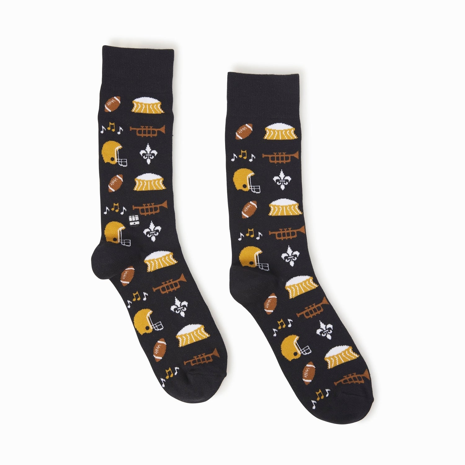 Black socks with sports-themed pattern on a white background