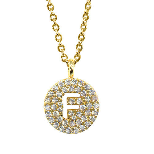 Gold pavé disc necklace with a cutout initial F