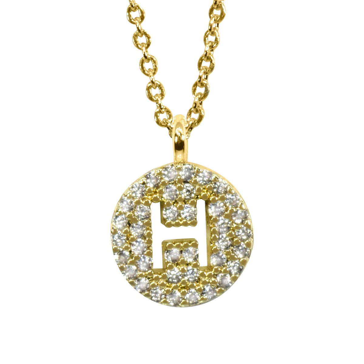 Gold pavé disc necklace with a cutout initial H