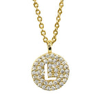 Gold pavé disc necklace with a cutout initial L