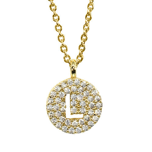 Gold pavé disc necklace with a cutout initial L
