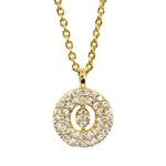Gold pavé disc necklace with a cutout initial O