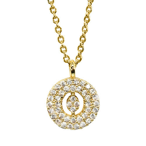 Gold pavé disc necklace with a cutout initial O