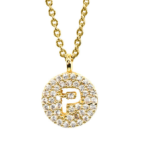 Gold pavé disc necklace with a cutout initial P