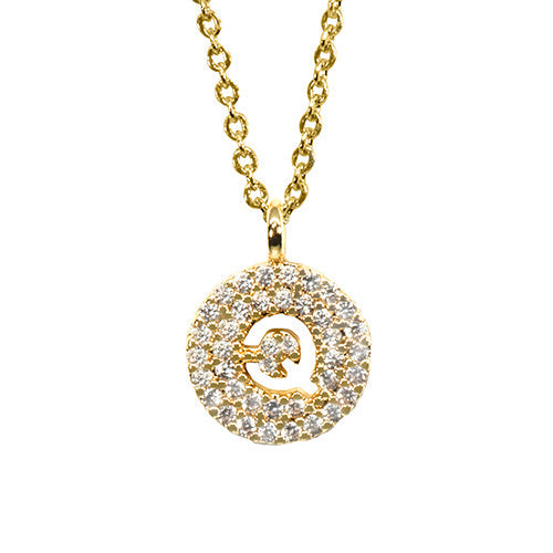 Gold pavé disc necklace with a cutout initial Q
