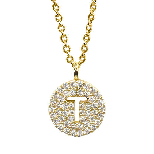 Gold pavé disc necklace with a cutout initial T