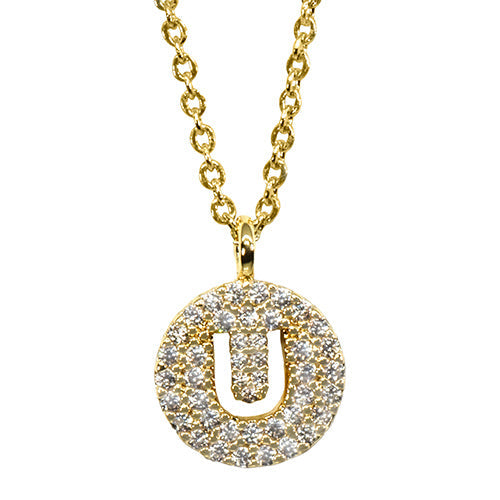 Gold pavé disc necklace with a cutout initial U