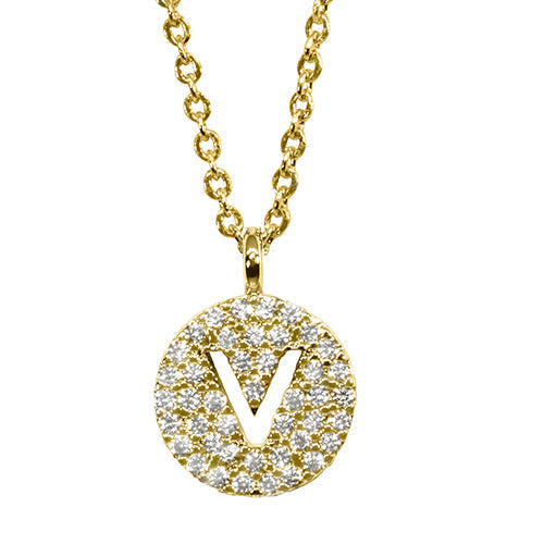Gold pavé disc necklace with a cutout initial V