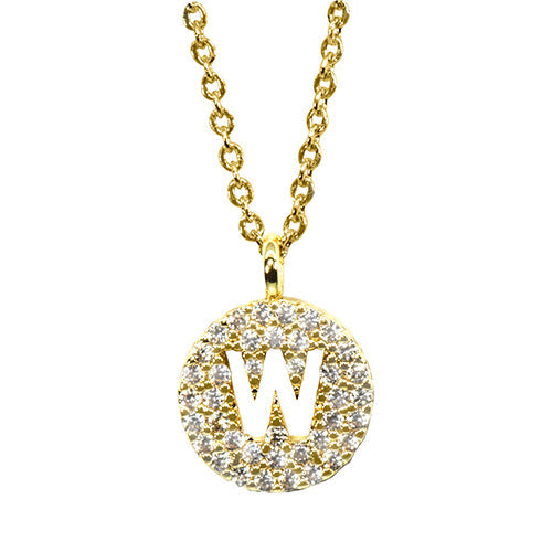 Gold pavé disc necklace with a cutout initial W
