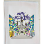 Digital illustration printed on fabric depicting a vibrant Mardi Gras street scene in New Orleans' French Quarter with St Louis Cathedral, ornate balconies adorned with purple, green, and gold flags, "Happy Mardi Gras!" text, and colorful confetti dots