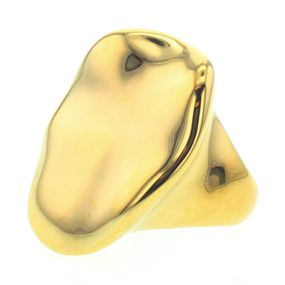 Gold ring featuring a chunky highly polished reflective surface with a fluid organic abstract shape
