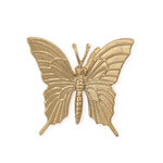 Metallic gold butterfly artwork featuring intricately veined wings, a segmented body, and slender antennae against a plain white studio background