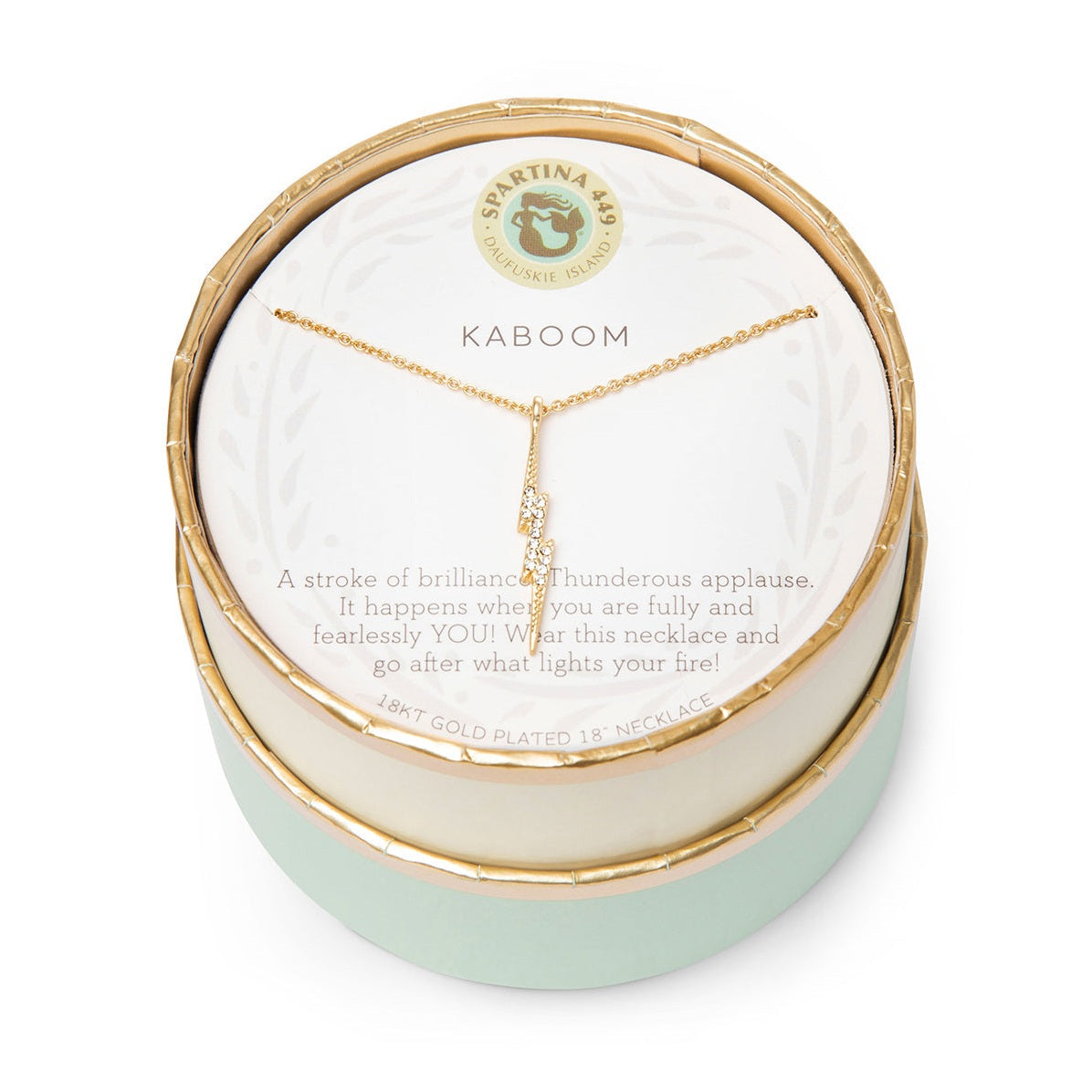 Spartina 449 Daufuskie Island 18kt gold plated Kaboom necklace featuring a lightning bolt pendant encrusted with clear stones displayed in its round mint green and gold box on a white background
