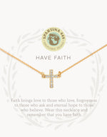 Spartina 449 Daufuskie Island gold necklace featuring a sparkling pave diamond cross on a delicate chain presented on a white card with a mermaid logo and HAVE FAITH text