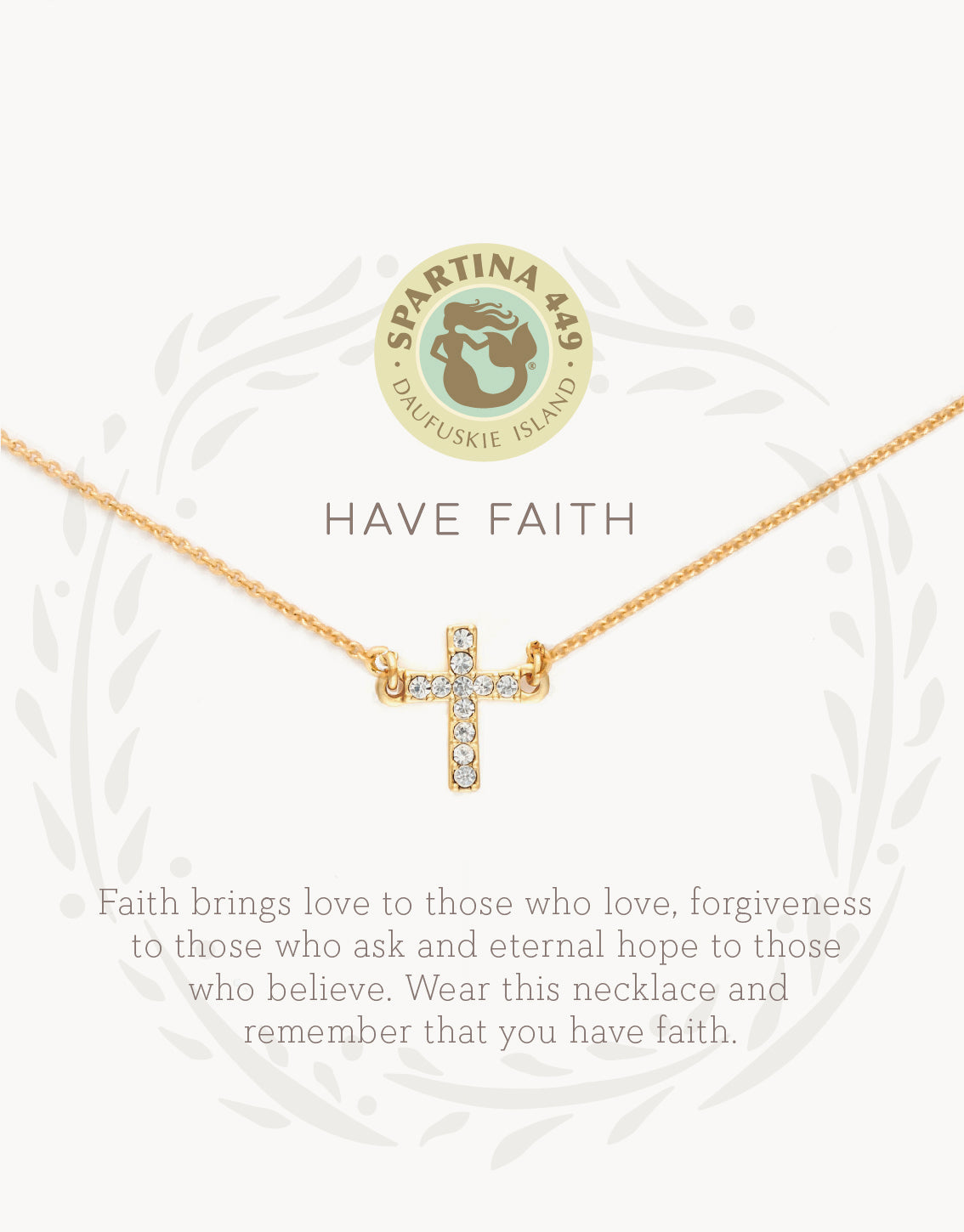Spartina 449 Daufuskie Island gold necklace featuring a sparkling pave diamond cross on a delicate chain presented on a white card with a mermaid logo and HAVE FAITH text