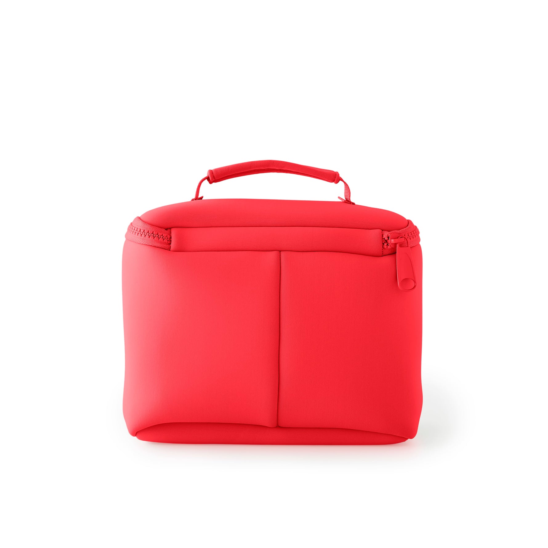 Vibrant red soft fabric bag featuring a top zipper closure and a padded carry handle on a white background