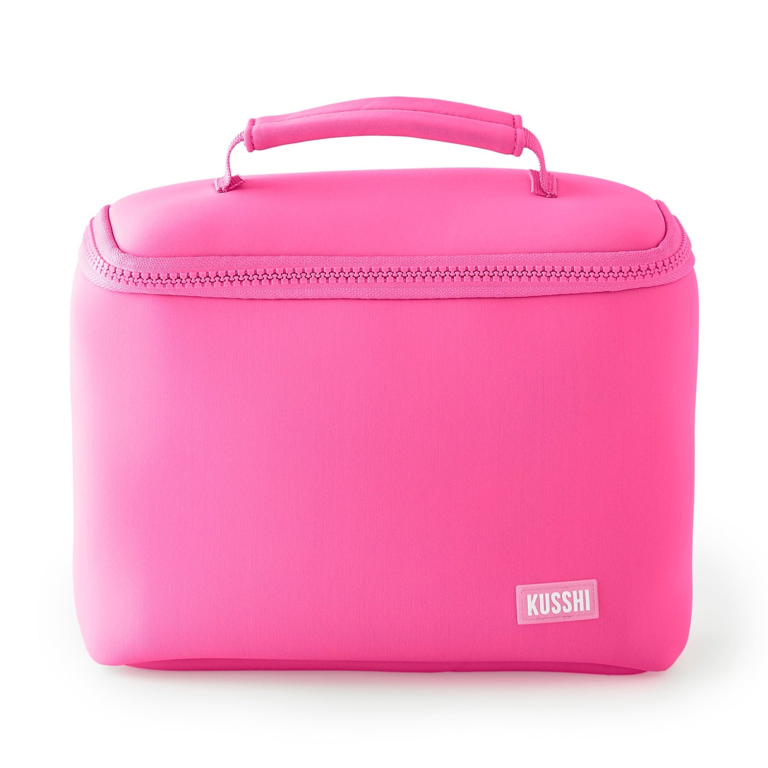 KUSSHI vibrant fuchsia neoprene cosmetic bag featuring a full top zipper, integrated padded handle, and a raised KUSSHI brand label