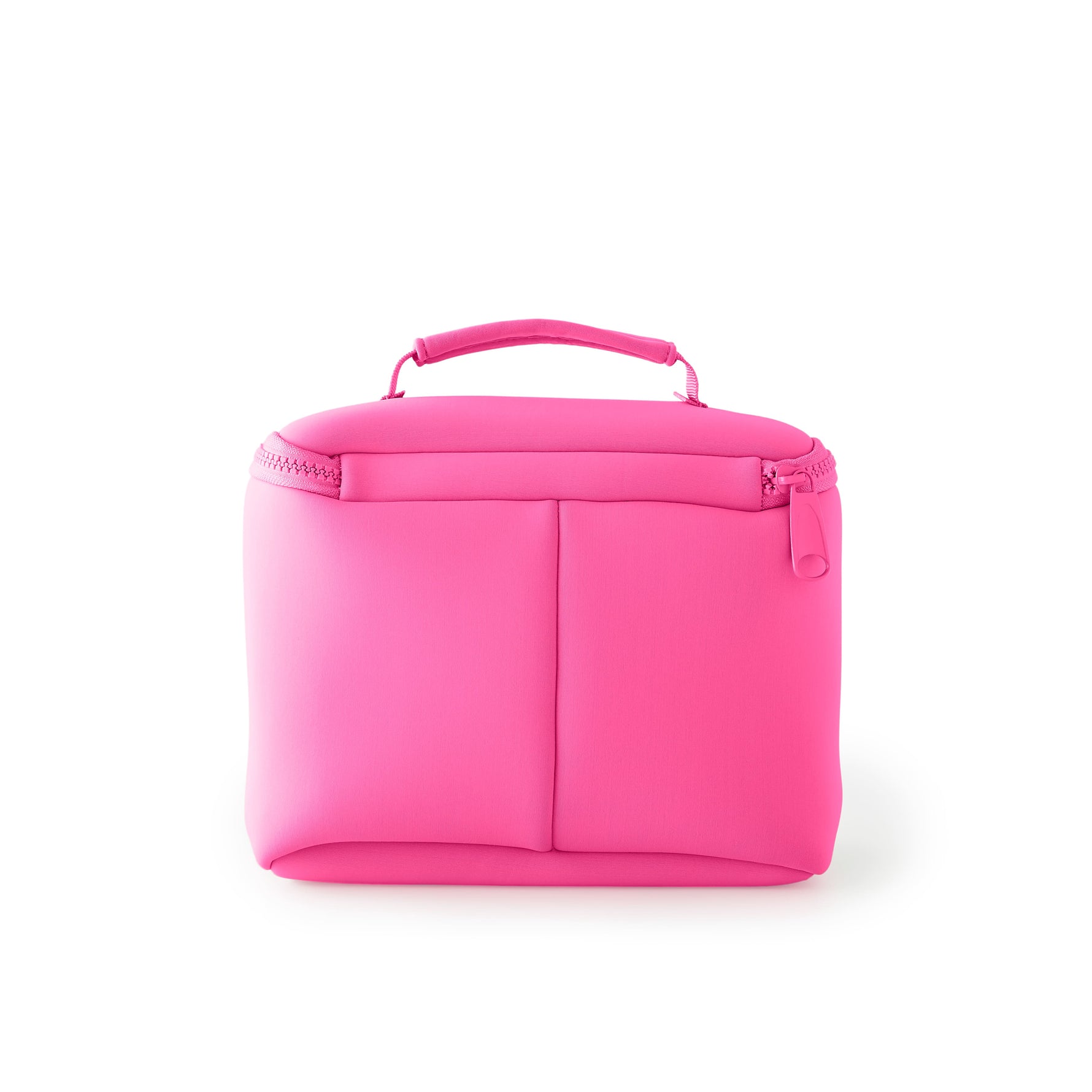 Bright pink neoprene bag with a top handle and zip closure on a white background