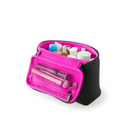 Photograph of a black KUSSHI cosmetic travel bag open to reveal a vibrant fuchsia pink interior, mesh pocket holding makeup brushes, and assorted beauty products on a white studio background