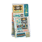 Tea towel with New Orleans themed illustrations including bridges, streetcars, and text