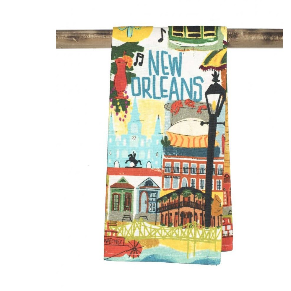 Decorative kitchen towel featuring New Orleans landmarks and text