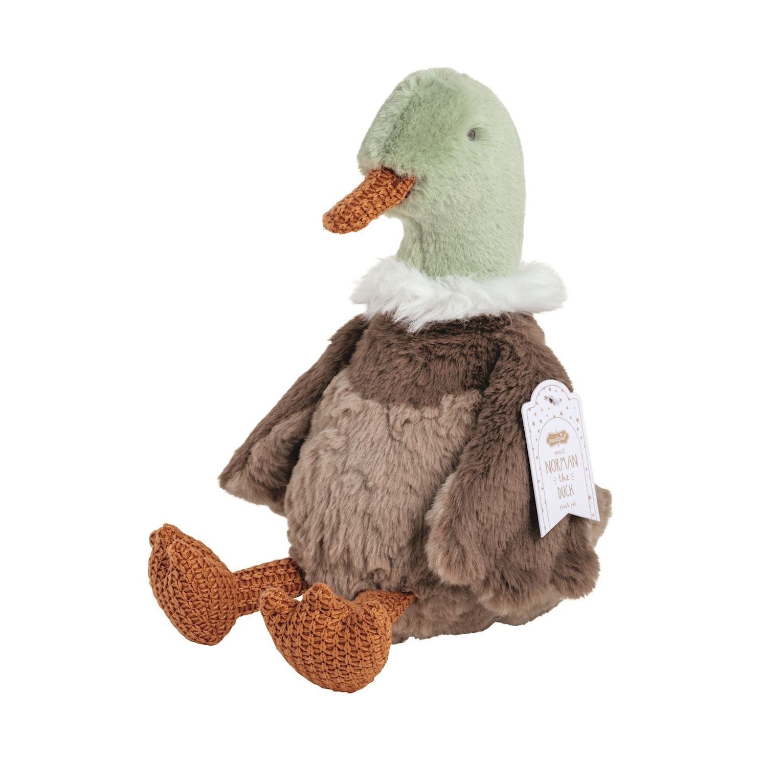 Mudpie plush toy Norman the Duck featuring a fuzzy green head, mottled brown body, white fluffy collar, and distinctive crocheted orange beak and feet with a visible product tag