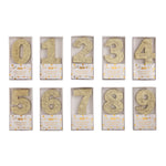 Set of ten gold glitter number birthday candles from zero to nine in individual boxes