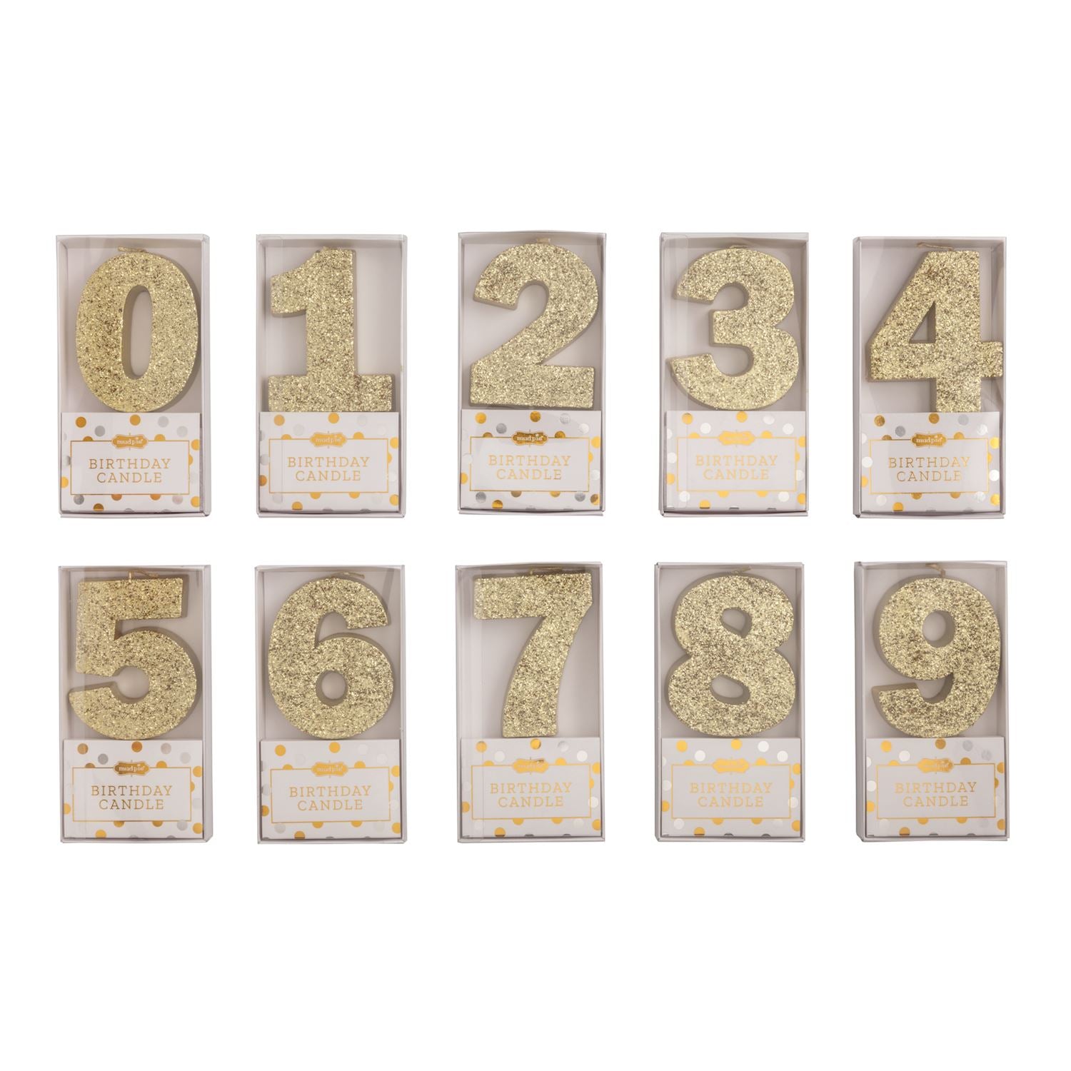 Set of ten gold glitter number birthday candles from zero to nine in individual boxes