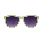 Light green framed sunglasses with dark purple gradient lenses isolated on a white background